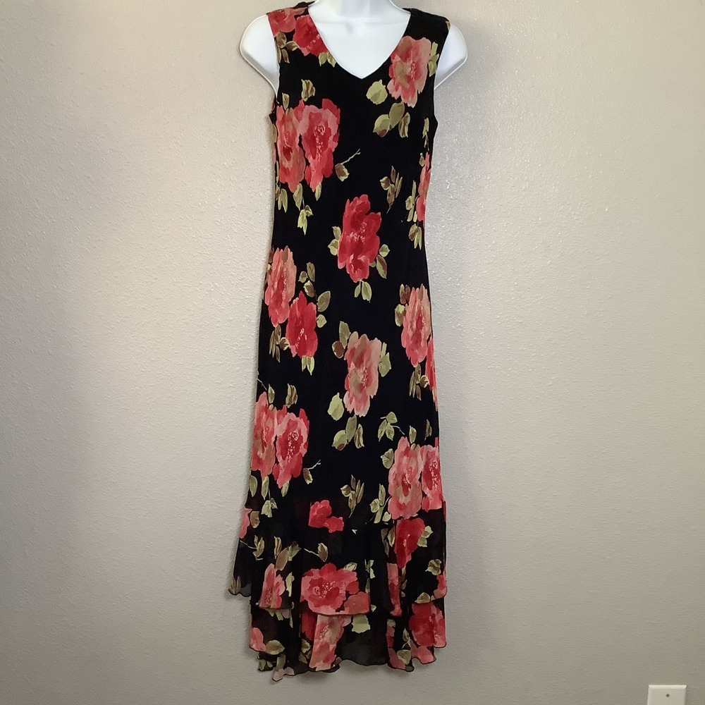 Vintage 90s Dark Feminine‎ Fairy Romantic Ruffle Asymmetric Hem Midi Dress Sz 4